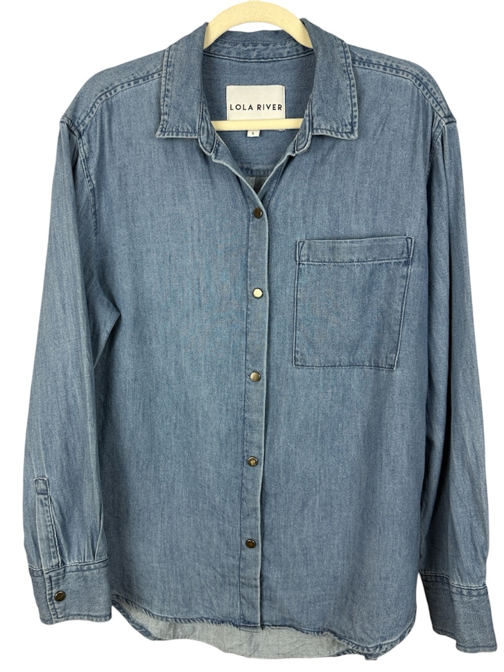 LOLA RIVER 100% Cotton Chambray Denim Button Up Shirt Jacket Light Wash Size L